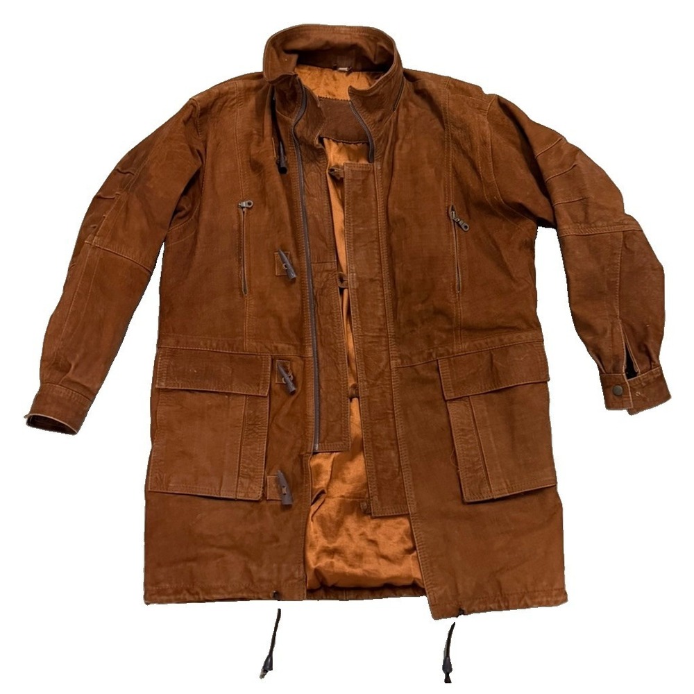 Vintage Brown Genuine Leather Long Field Jacket Safari Utility Coat Mens L